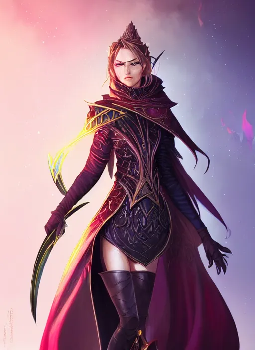 Prompt: portrait of a mix between archmage and rogue, female, shiny scepter and dagger, leather robes, high fantasy, dnd, face details, extremely detailed, smooth, sharp focus, digital illustration, by artgem, rossdraws, sakimichan