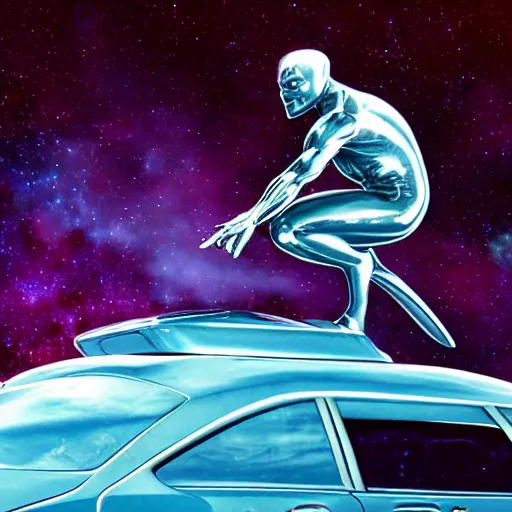 Image similar to silver surfer surfing on top of a car in space, heavy motion blur, steve ditko, 4k