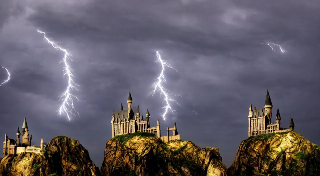 Prompt: slytherin harry potter flying with his wand forward. hogwarts castle and lightning strikes in the background. bad weather