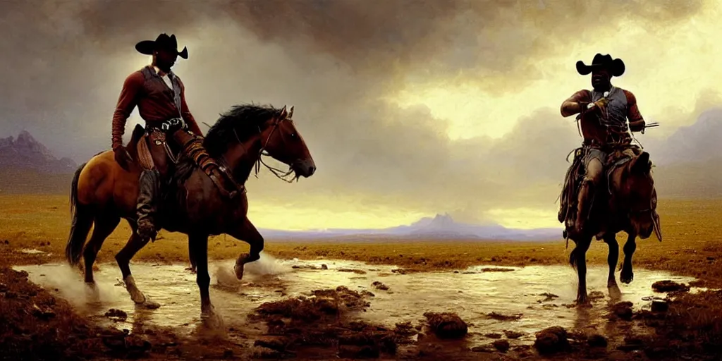 Image similar to face close - up jamie foxx as a cowboy on his horse is crossing american plains with a small riverbed, mountaineous background, cloudy day, highly detailed, digital art, by greg rutkowski, by albert bierstadt