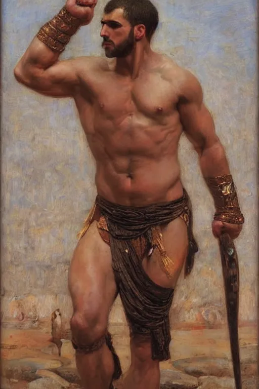 Image similar to muscular gladiator, orientalist intricate portrait by john william waterhouse and edwin longsden long and theodore ralli and nasreddine dinet, hyper realism, dramatic lighting