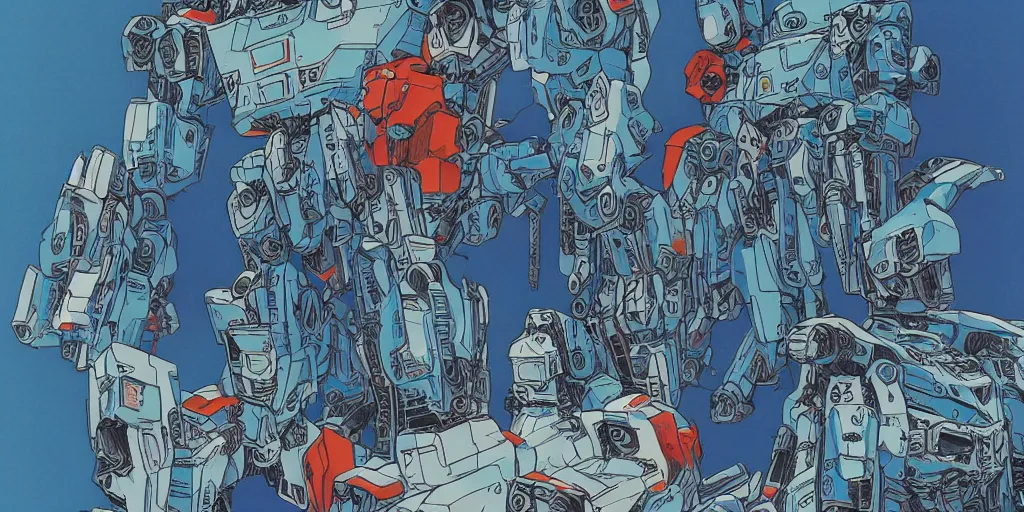 Image similar to risograph, gigantic mecha faces, no artifacts, mecha faces, a lot of exotic mecha faces, big human mecha faces everywhere, by satoshi kon and moebius, matte blue colors, surreal design, crispy, super - detailed, a lot of tiny details, no blur, 4 k, fullshot