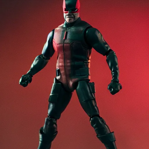 Prompt: an action figure of daredevil in a dynamic pose, low key lighting, deep color