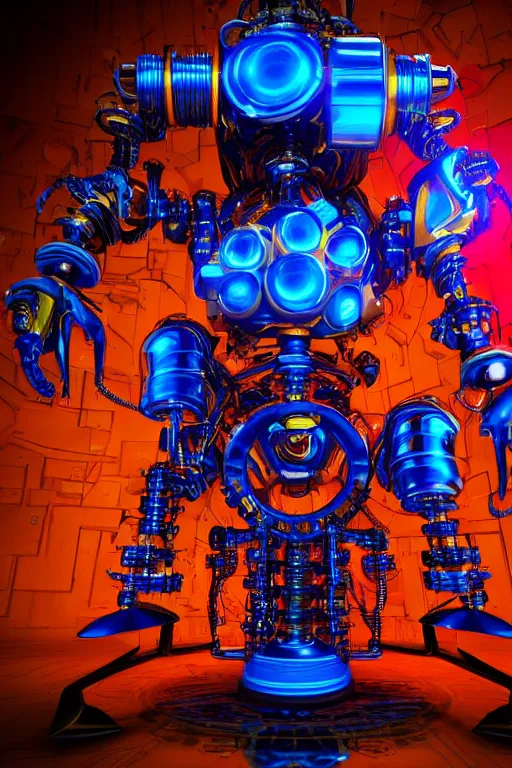 Image similar to portrait photo of a giant huge golden and blue metal futuristic steampunk robot with a red guitar covered with multicolored big gears and tubes, eyes are glowing red lightbulbs, shiny crisp finish, 3 d render, 8 k, insaneley detailed, fluorescent colors, background is multicolored lasershow