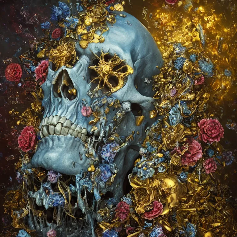 Image similar to A beautiful oil painting hyperrealism of a rotting zombie king, gold throne , grey beard, blue veins, skull bones flowers, 8k resolution, octane render, Trending on artstation, by Gediminas Pranckevicius, volumetric light 2blue fractal Thunder glow by dan mumford, anaglyph effect, Laurie Lipton