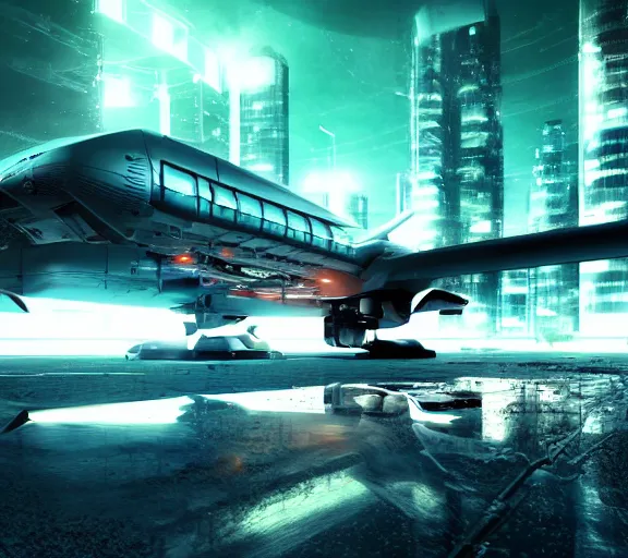 Image similar to futuristic sci fi plane lands at runway of cyberpunk city, night photo ,dark cinematic lighting , digital concept art