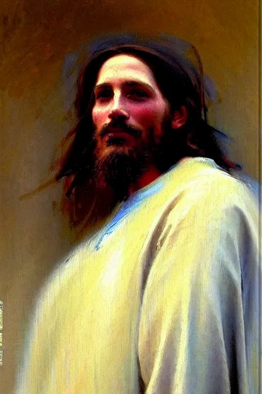 Image similar to impressionist brushstrokes!!!!!!!!! solomon joseph solomon and richard schmid and jeremy lipking victorian loose genre loose painting full length portrait painting of jesus with a slight smile happy inviting