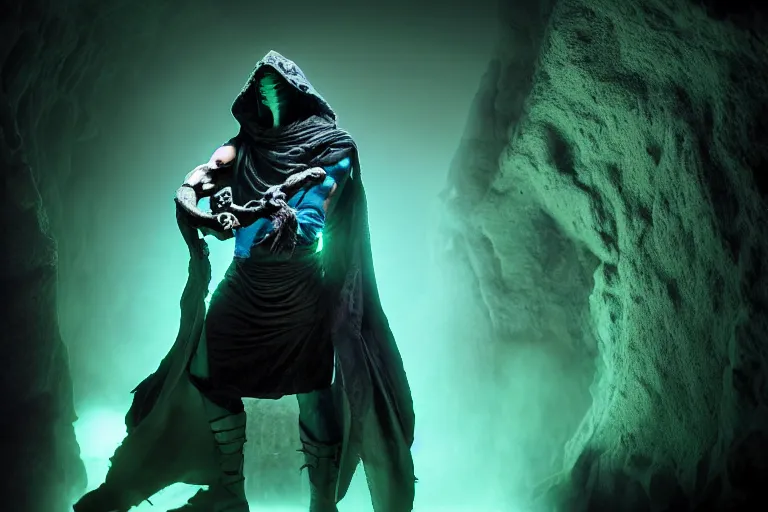 Image similar to vfx film, soul reaver, raziel irl, price of persia movie, missing jaw, hero pose, devouring magic souls, scarf, hood, glowing green soul blade, in epic ancient sacred huge cave temple, flat color profile low - key lighting award winning photography arri alexa cinematography, hyper real photorealistic cinematic beautiful, atmospheric cool colorgrade