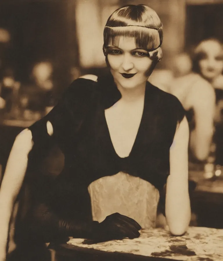 Prompt: close - up antique grainy colored photo of a 1 9 2 0 s short - haired flapper woman in black satin gloves sitting at a table and smirking seductively at the camera. in the background there is a crowded party in a dimly lit speakeasy lounge, jazz age, cohesive, 5 0 mm photography, precise, cinematic, low - lighting, photography