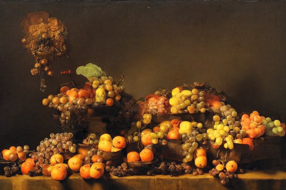 Prompt: a beautiful still life painting of a MPC-60, fruits, and a monkey by Rembrandt, oil on canvas,