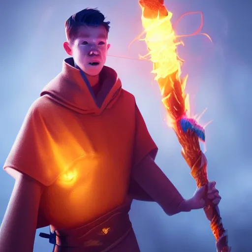 Prompt: Kevin De Bruyne wearing a wizards tunic holding a glowing fire magical staff. Trending on Artstation, octane render, ultra detailed, art by Ross tran