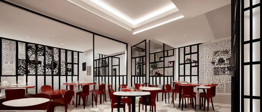 Image similar to a beautiful simple interior render of small roasted string hotpot restaurant restaurant yan'an, wall corner, from china, red paper wall and white tile floor, rectangle white porcelain table, black chair, fine simple delicate structure, chinese style, simple composition, simple style structure decoration design, victo ngai, 4 k hd