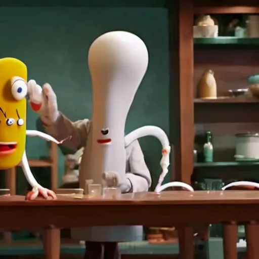 Prompt: film still of an anthropomorphic squid who is the boss of a restaurant, greeting an anthropomorphic sponge man who is a cook in the kitchen