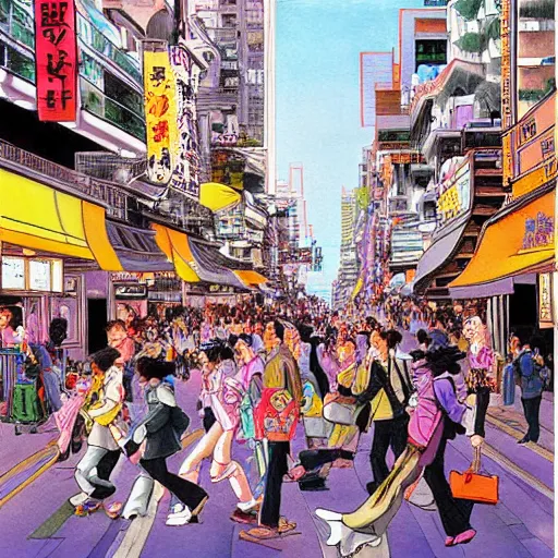 Prompt: a beautiful painting of people traveling down a busy city street by hirohiko araki, detailed line art, jojos bizarre adventure