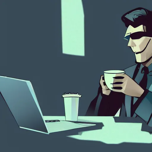 Prompt: handsome startup CEO having a cup of coffee. sci-fi cyberpunk!!!!!!!! concept art