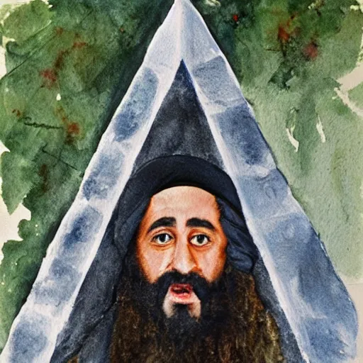 Prompt: George bush dressed as Osama bin laden painting a watercolor pyramid with an eye inside the triangle