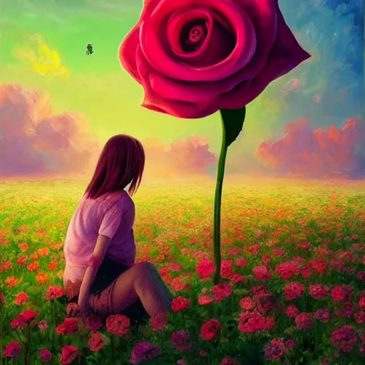 Image similar to giant rose flower as a head, full body girl sitting in a flower field, surreal photography, sunrise, dramatic light, impressionist painting, colorful clouds, digital painting, artstation, simon stalenhag