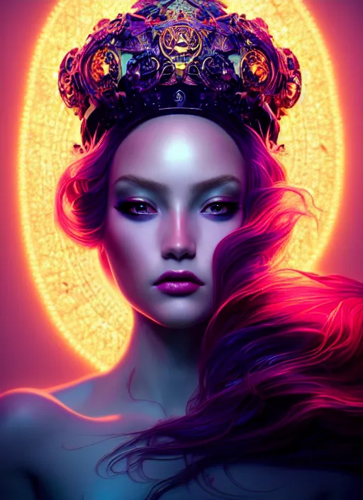 Prompt: portrait of sea queen, fantasy, rule of thirds, intricate, neon highlights, octane render, detailed, beautiful, unreal engine, symmetrical!!, loreal, maybelline, sephora, loreal, artstation, art by karol bak, art by artgerm, rossdraws, cinematic, concept art, filmic, vsco