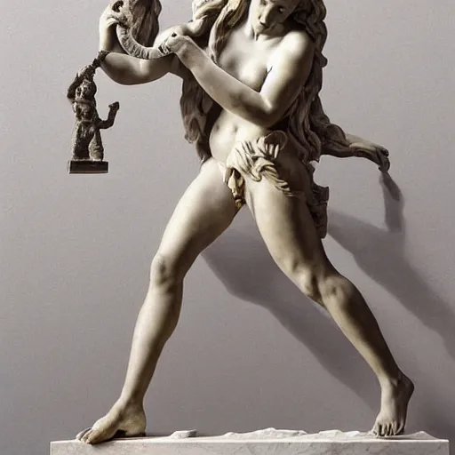 Image similar to greek or roman sculpture in marble of a female athlete holding a snake, in a museum background, hyperrealistic photograph in the style of bernini, golden hour