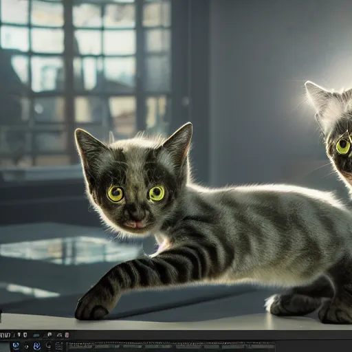 Image similar to iridescent kittens cyperpunk 2 0 7 7, unreal engine 5, 8 k ultra realistic, hyperdetailed, volumetric lighting, extremely high quality