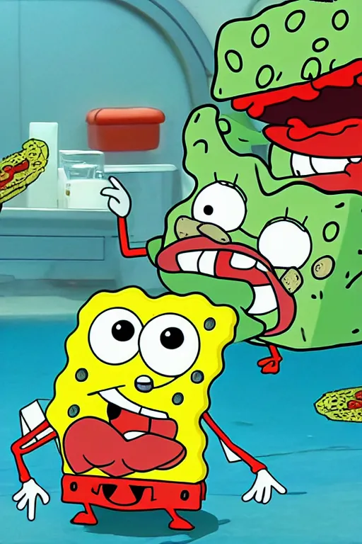 Image similar to sifi spongebob fight mr crabs for a burger