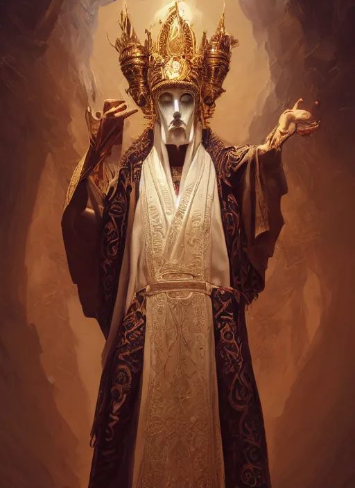 Prompt: slender high priest in a dark ornate robe, carved ivory headpiece, subsurface scattering, by jesper ejsing, justin gerard, tomasz alen kopera, cgsociety and fenghua zhong, highly detailed, rim light, cinematic lighting, illustration, art, octane render, very coherent, cinematic, high detail, octane render, 8 k