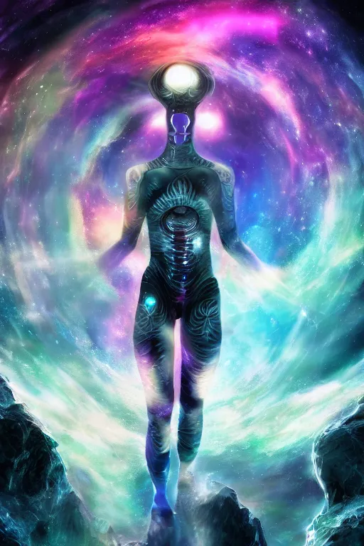 Prompt: galaxy bender experiencing the quantum field, elevated consciousness, beautiful astrological neural network, matte painting and tim burton comic book art, twist of time, realistic, trending on artstation, sharp focus, depth of field, cinematic composition, physics splashes of colors, science fiction