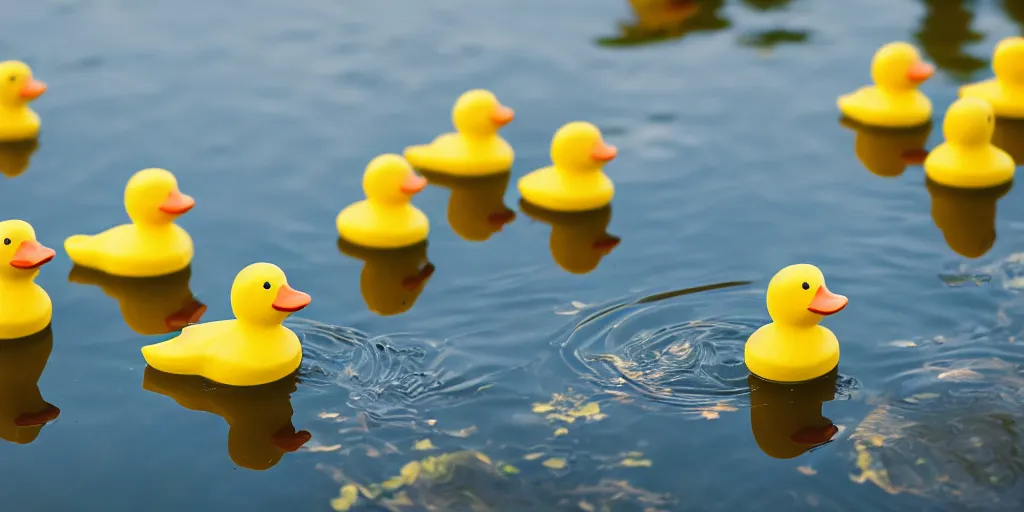 Prompt: rubber ducks in a pond, 5 0 mm lens, photo, bokeh, ripples
