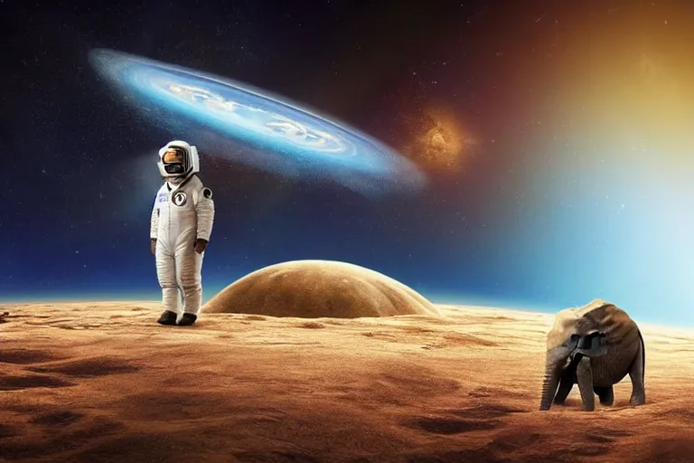 Image similar to still fullbody photo of sad albert einstein in spacesuit in space, flying island at background, flat earth on elephants and turtle at background, highly detailed, photorealistic shot, bright studio setting, studio lighting, crisp quality and light reflections, unreal engine 5 quality render