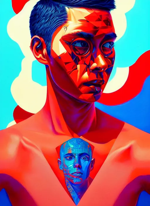 Image similar to red and blue color theme, beautiful hyperrealisitic portrait of burning police officer, tristan eaton, victo ngai, artgerm, rhads, ross draws