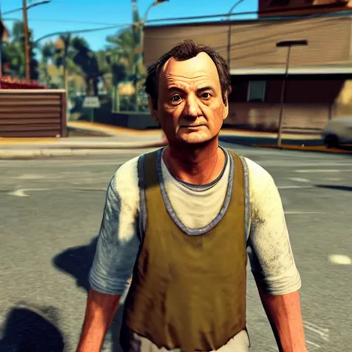 Image similar to bill murray as the protagonist of gta 5, screenshot