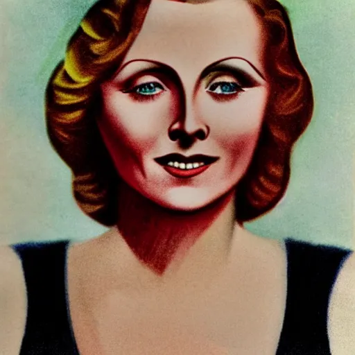 Image similar to a 1 9 2 0 s ultra - realistic color portrait. happy, healthy, beautiful, smiling, young, sporty, blonde, blue - eyed symmetric greta garbo in decent athletic wear. hyper - realistic detailed drawing