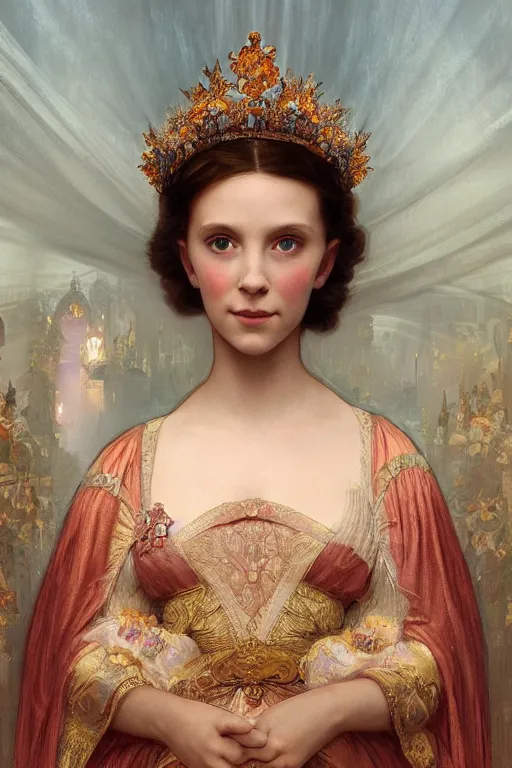 Image similar to a beautiful close - up painting of a crowned princess in a flowing gown resembling millie bobby brown watching the lantern festival in ancient london, at night with a sky full of stars, intricate, elegant, highly detailed, digital painting, artstation, concept art, by krenz cushart and artem demura and william adolph bouguereau and alphonse mucha