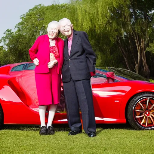 Prompt: 0 8 s photo of elder couple, pose like the super models in the paddle field with red super car,