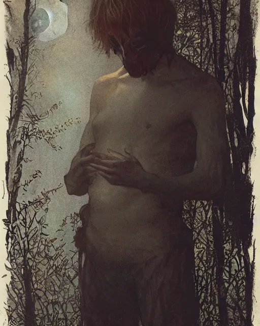 Prompt: a beautiful but sinister and creepy man in layers of fear, with haunted eyes, violence in his eyes, 1 9 7 0 s, seventies, delicate embellishments, a little blood, woodland, moonlight shining on wildflowers, painterly, offset printing technique, by alexandre cabanel