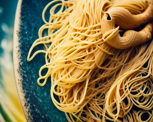 Prompt: close up of a beautiful ginger surfer, surfing on a surfboard in a sea of pasta, art nouveau, fantasy, intricate pasta waves, elegant, highly detailed, sharp focus, action sports photography