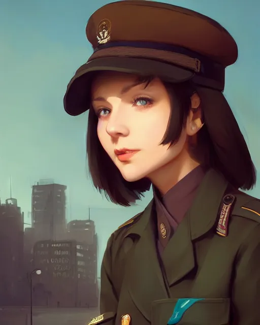 Prompt: young woman with shoulder length light brown hair and hazel eyes dressed in a sharp dark teal military uniform and beret, smiling, blurred city background in twilight lighting, ilya kuvshinov, greg rutkowski, guweiz, ross tran, loish, svetlana tigai, artgerm, artstation trending, concept art, digital painting