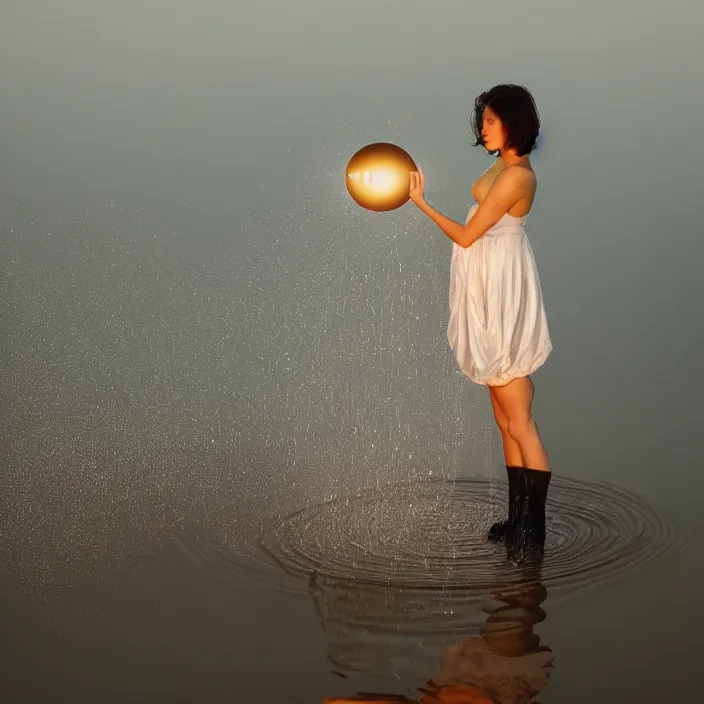 Image similar to a closeup portrait of a woman wrapped in plastic, standing next to a giant levitating orb, in a foggy pond, golden hour, color photograph, by vincent desiderio, canon eos c 3 0 0, ƒ 1. 8, 3 5 mm, 8 k, medium - format print