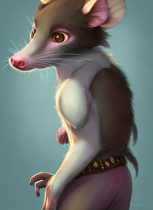 Image similar to character portrait of a female anthro possum fursona with a tail and a cute beautiful attractive detailed furry face wearing a tanktop and slacks with arm tattoos. Character design by charlie bowater, ross tran, artgerm, and makoto shinkai, detailed, inked, western comic book art