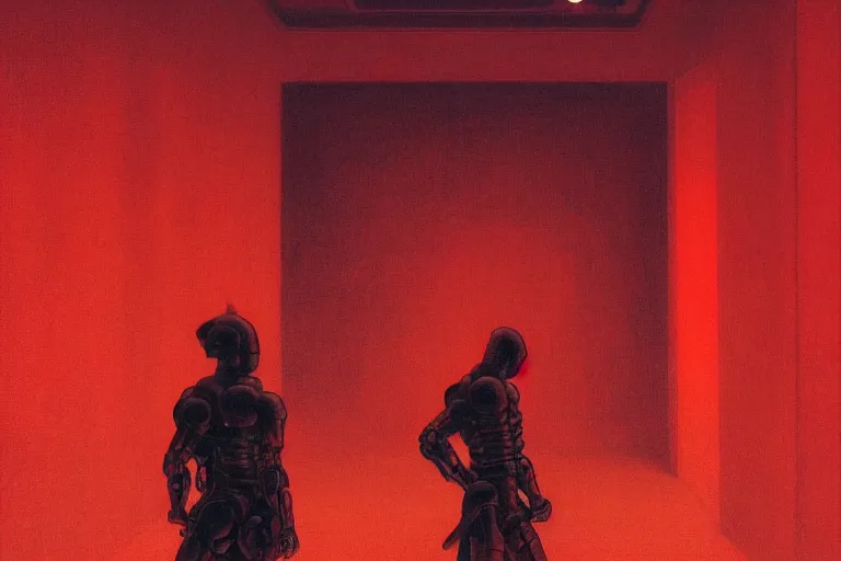 Image similar to only with red, a red cyborg samurai, tokio futuristic in background, some evil yokai fight, in the style of beksinski, parts by edward hopper, parts by rodcenko, parts by yue minjun, intricate and epic composition, red by caravaggio, insanely quality, highly detailed, masterpiece, red light, artstation, 4 k