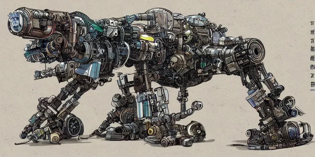 Prompt: beautiful schematic of a combat robot made of rocket and car engine parts, schematic, dieselpunk, illustration, intricate, highly detailed, studio ghibli color scheme