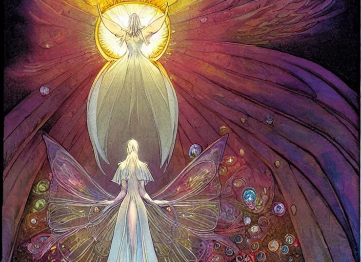 Prompt: a symmetrical!!! delicate mtg illustration by charles vess of a host of radiant tiny seraphim emerging wings spread out from the huge glowing doorway of a massive vulva - shaped temple made of smooth organic architecture and floating in the astral plane and constructed of house - sized crystals and a bulb of the vestibule made of iridescent pearl