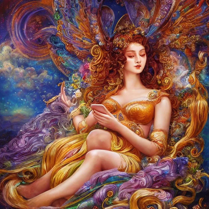 Image similar to a celestial goddess on her day off catching up on social media in bed, magic realism, art by josephine wall, art by huang guangjian, art by viktoria gavrilenko, art by amanda sage, trending on artstation