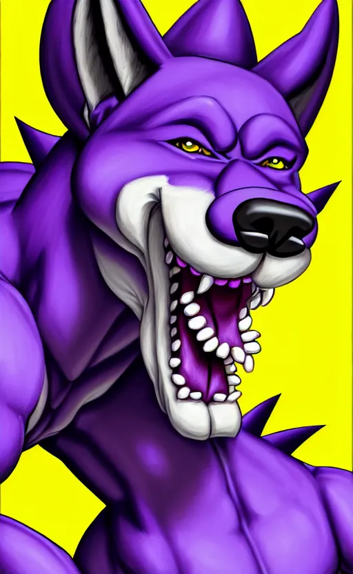 Image similar to painting of an anthropomorphic bulky muscular purple dog, furry style, wearing jeans, deviant art, fursona, professional furry drawing, insanely detailed, bulky husky dragon like face, doing a pose from jojo's bizarre adventure, detailed veiny muscles, exaggerated features, beautiful shading, huge white teeth, grinning, colorful background