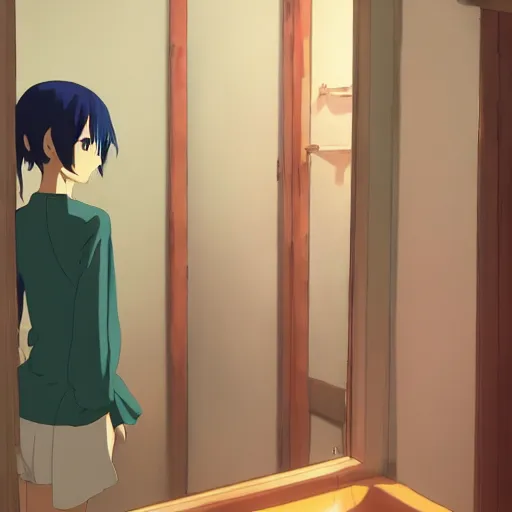 Prompt: goofy anime girl posing in front of a mirror in her bedroom, anime, by makoto shinkai, bedroom