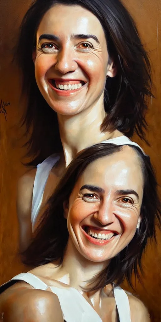 Image similar to maia sandu smiling painting by james gurney greg rutkowski photo by angelique boissiere art streiber, photorealistic, hyperdetailed