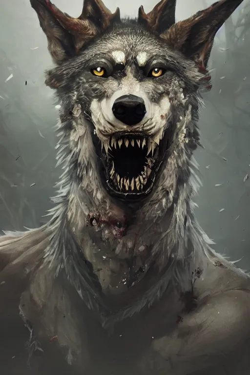 Image similar to A fancy portrait of a zombified wolf by Greg Rutkowski, Sung Choi, Mitchell Mohrhauser, Maciej Kuciara, Johnson Ting, Maxim Verehin, Peter Konig, Bloodborne, 8k photorealistic, cinematic lighting, HD, high details, dramatic, dark atmosphere, trending on artstation