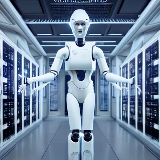 Image similar to hyperrealism stock photo of highly detailed stylish humanoid robot in futuristic sci - fi style by gragory crewdson and vincent di fate in the detailed data center by mike winkelmann and laurie greasley rendered in blender and octane render