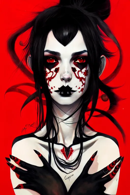 Image similar to a ultradetailed beautiful painting of a stylish goth girl, black eyes, red and black tattoos, by conrad roset, greg rutkowski and makoto shinkai, jon foster, trending on artstation