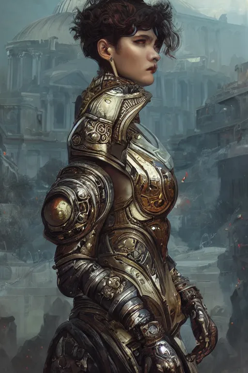 Image similar to portrait knights of Zodiac girl, metallic black and reddish reflected armor, in ruined Agora of Athens, ssci-fi, fantasy, intricate, very very beautiful, elegant, highly detailed, digital painting, artstation, concept art, smooth, sharp focus, illustration, art by tian zi and WLOP and alphonse mucha